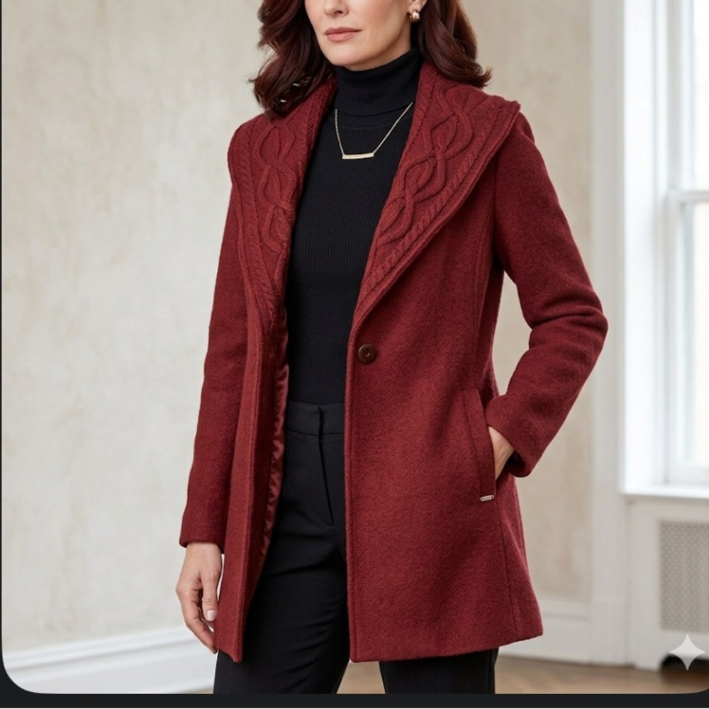 Ellen Tracy Red Wool Blend Lined Belted Knit Trim‎ Coat Size L NWOT